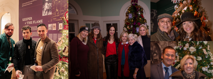 Collage of festive holiday portraits of people indoors, including group shots and close-up smiles by a Christmas tree
