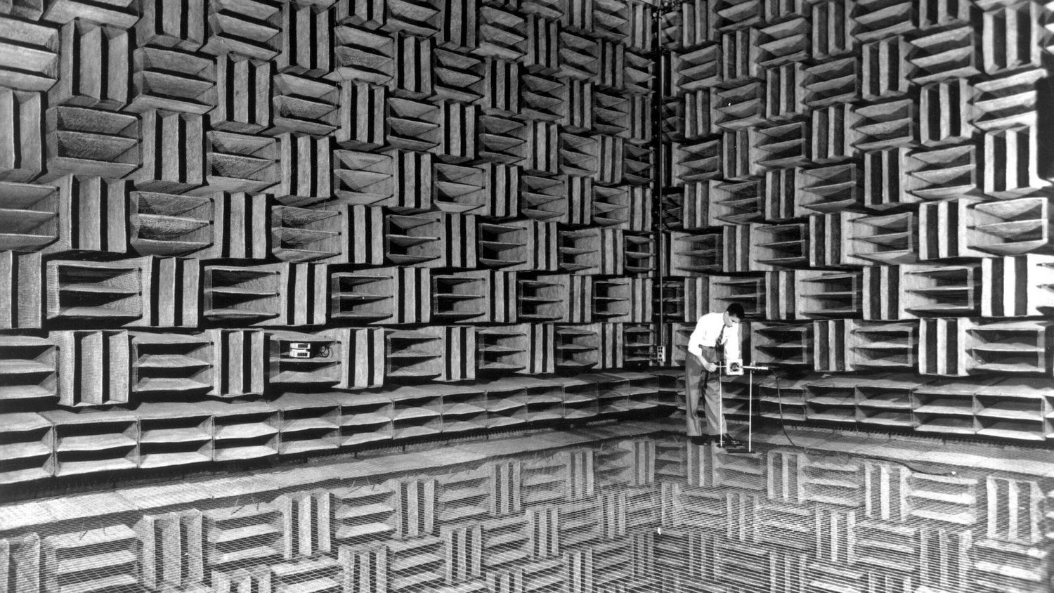 Man in a very quiet room, covered in sound-absorbing wedges.