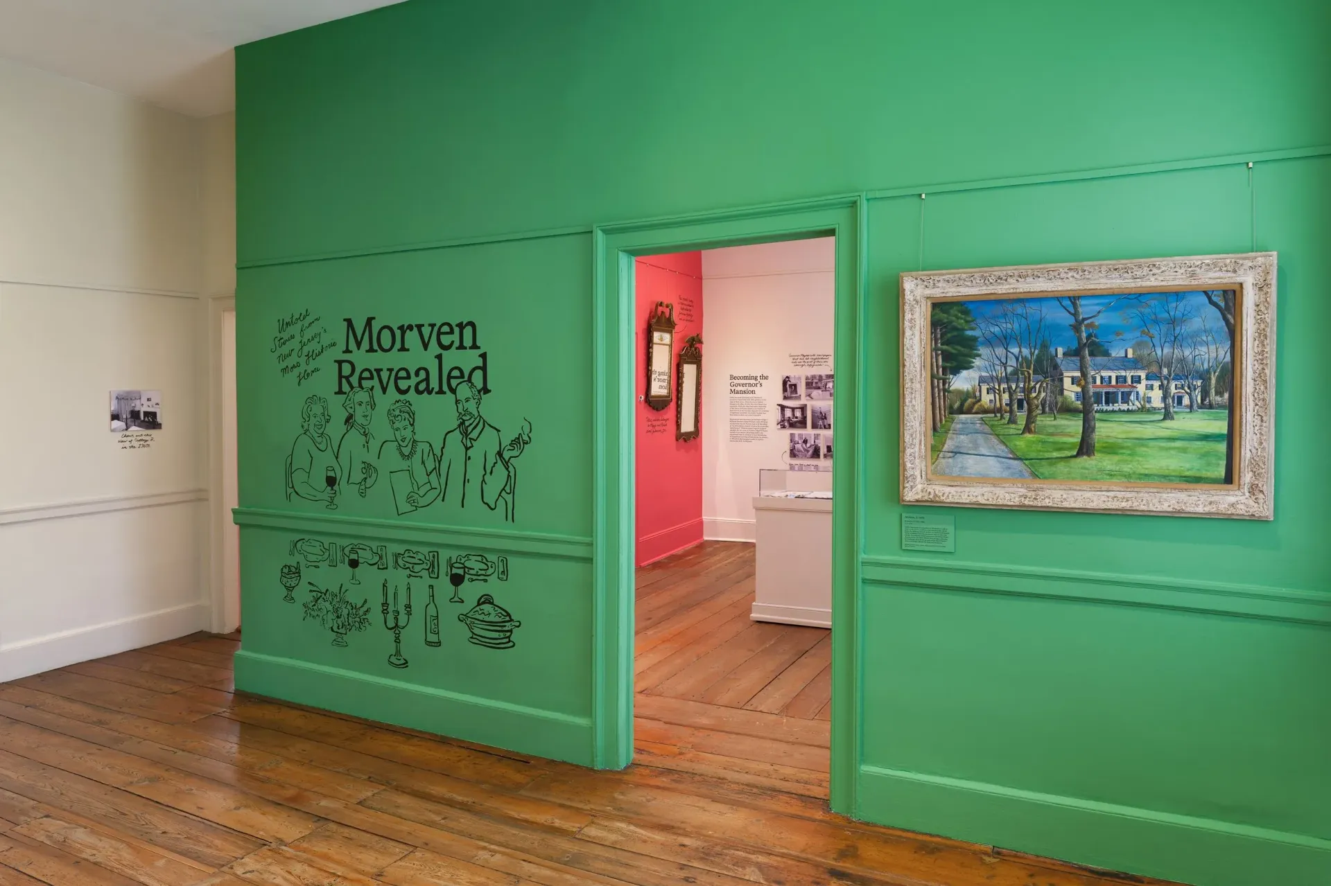 Green-walled art gallery with an open doorway to a pink room. Painting on the right. "Marven Revealed" text on the left wall.