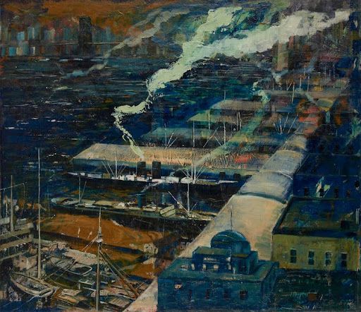 Harbor scene: Boats docked at piers, smoke rising into dark sky, muted blues and browns.