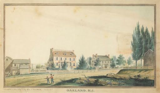 Watercolor painting of Oakland, NJ, features two houses, trees, and fields. Two figures stand in the foreground.