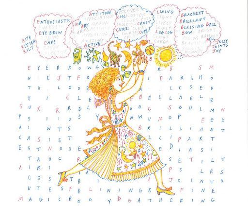 Woman reaching for celestial symbols (sun, stars, moon) with a word search background, lively colors.