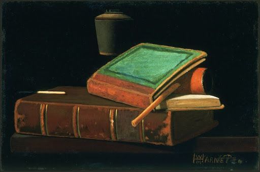 Still life: Old books with green and brown covers, quill, and inkwell on a dark shelf.