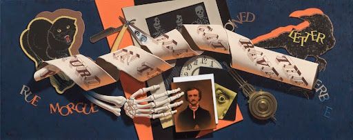Edgar Allan Poe themed collage with a portrait, raven, skeleton hand, and clock pendulum.