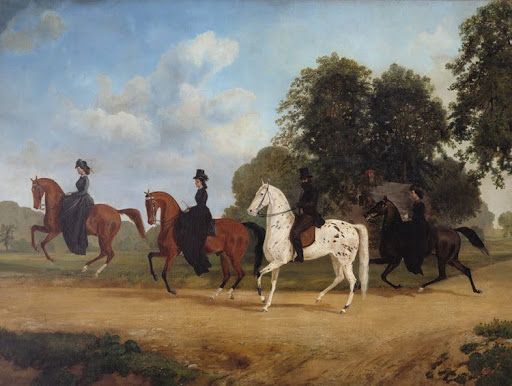 Four people ride horses on a path, in a sunny outdoor setting. Two women, two men; varied horse colors.