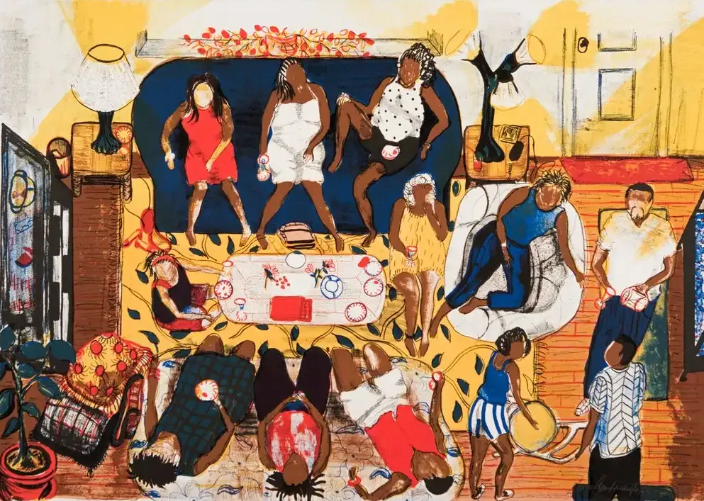 People sitting and chatting around a table in a colorful overhead view of a living room