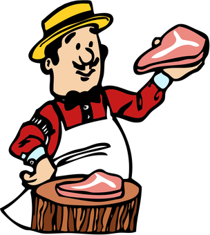 Butcher holding up a cut of meat, standing behind a butcher block.