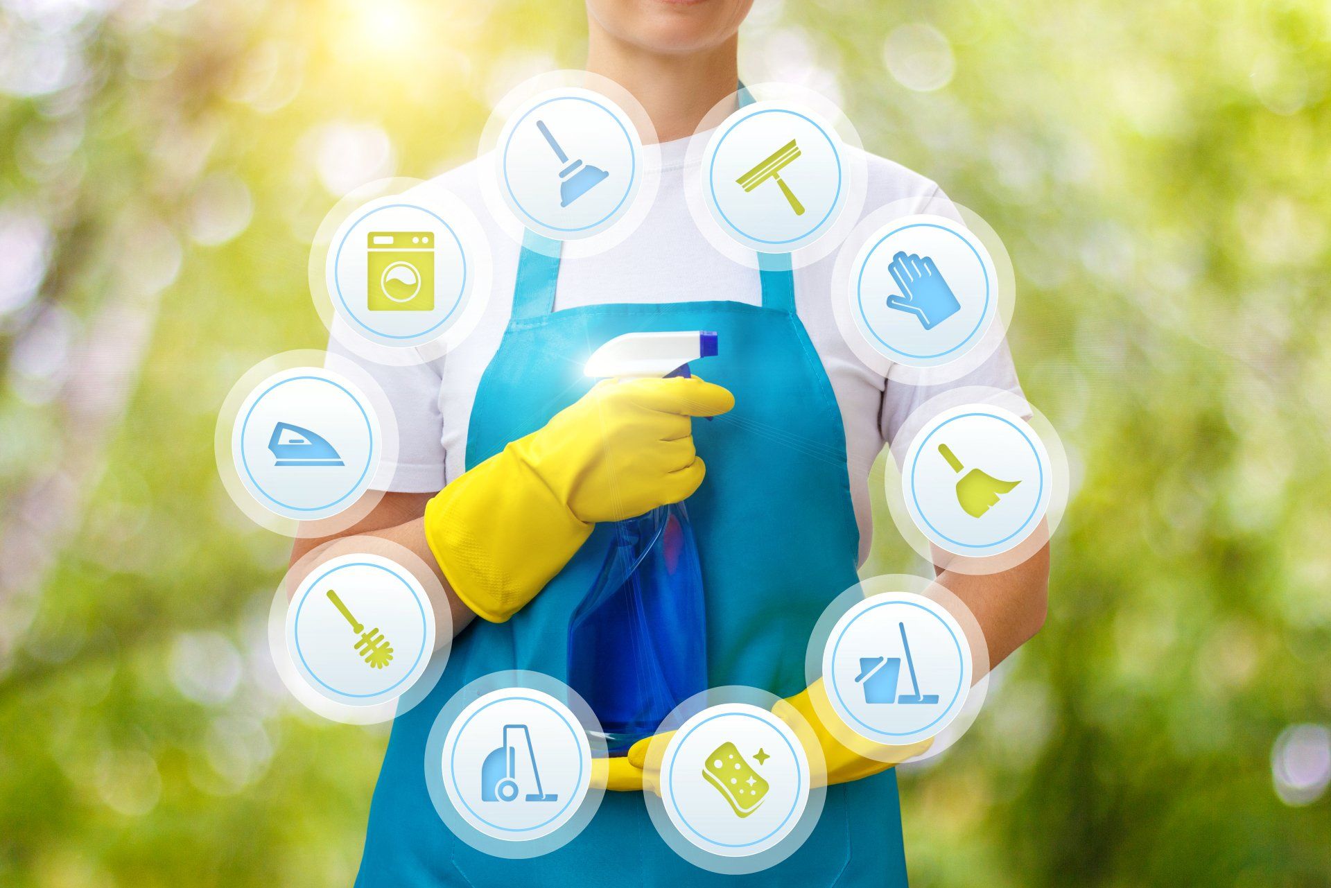 a cleaner holding a spray bottle