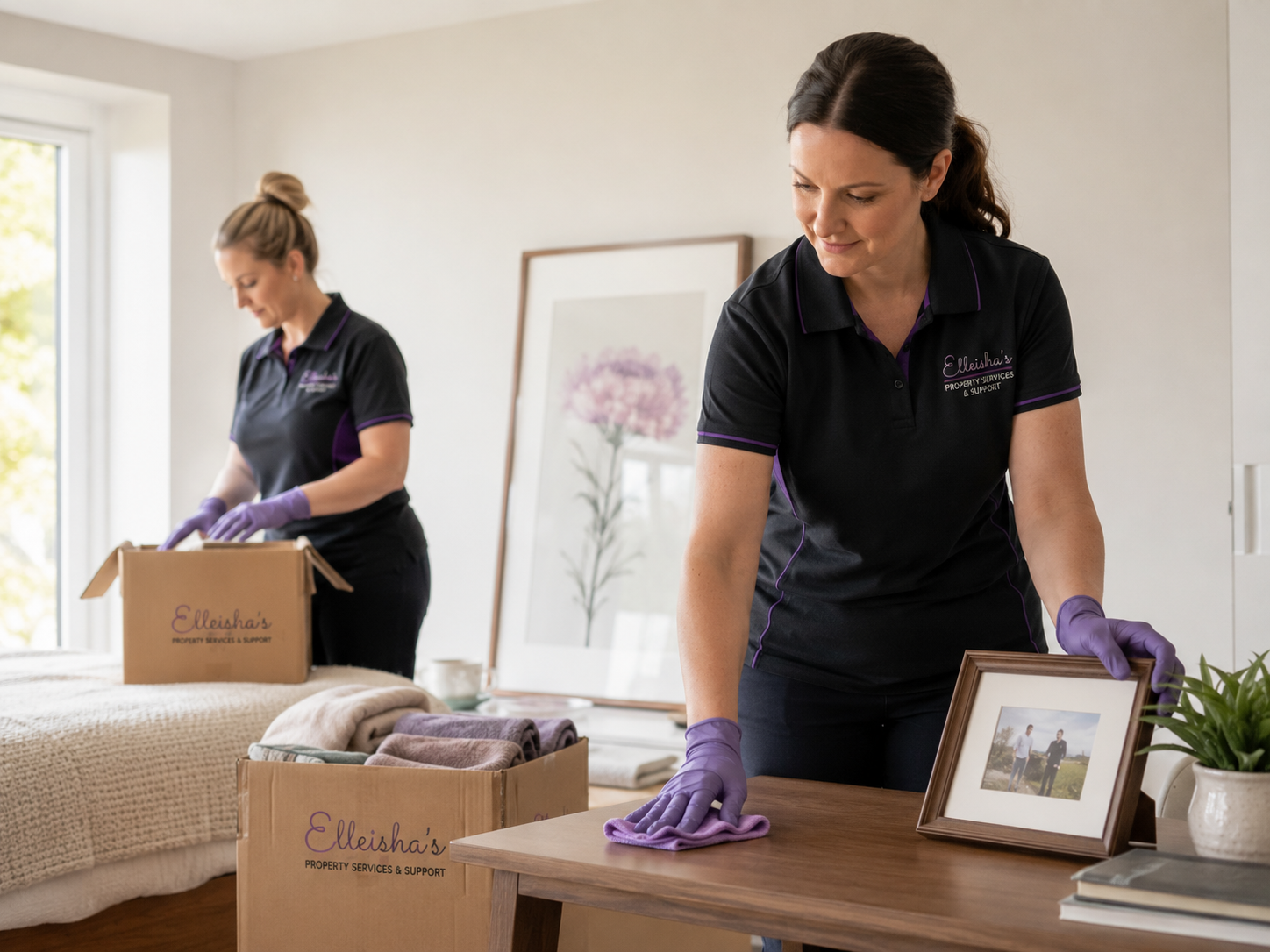 Elleisha's Property Services & Support (EPSS) staff doing up a deceased estate clean up in Wollongong, one is packing boxes, and the other one is wiping down surfaces