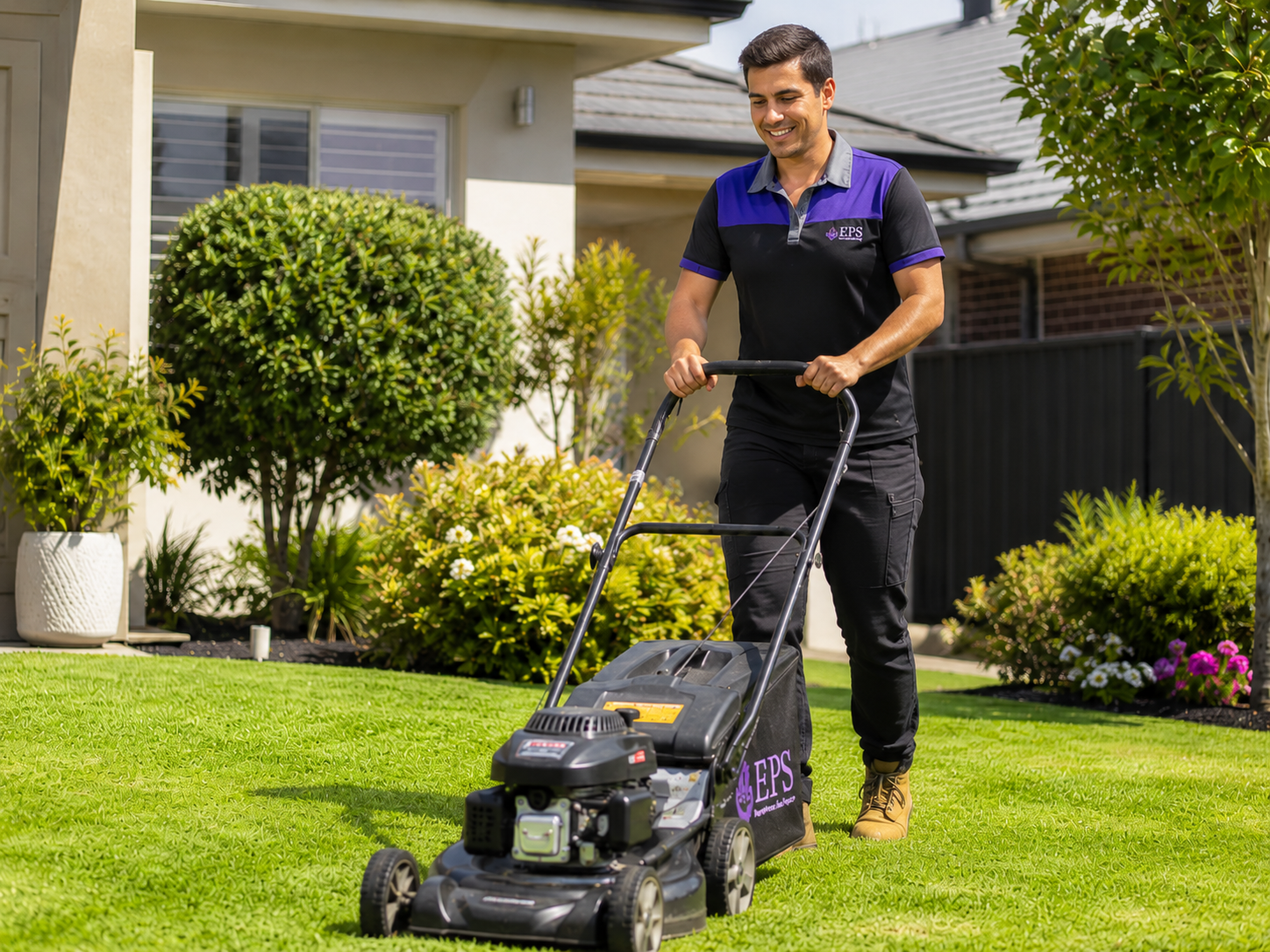Elleisha's Property Services & Supports (EPSS) man lawn mowing in Wollongong  and smiling