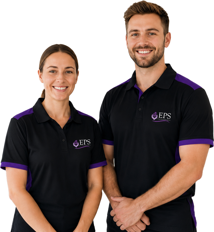 Lady cleaner and male support worker standing side by side from Elleishas Property Services & Supports (EPSS) with black and purple tops with EPS logo 
