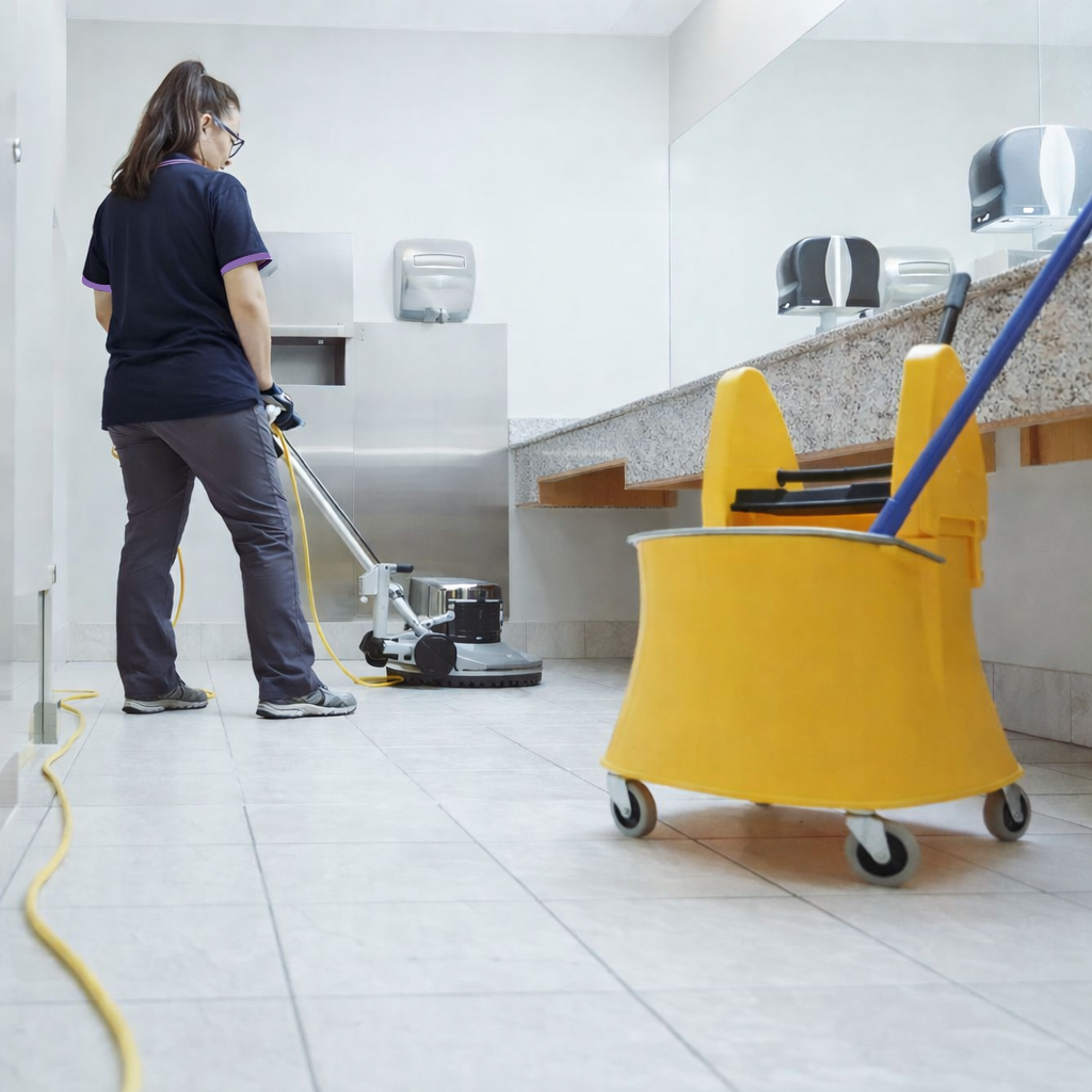 Elleisha's Property Services & Support (EPSS) in Nowra cleaning a office bathroom floor