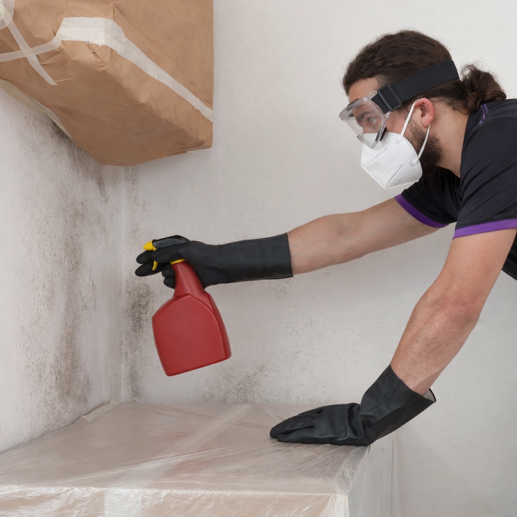 Elleisha's Property Services & Support (EPSS) cleaner with a mask, cleaning mould in a home in Wollongong