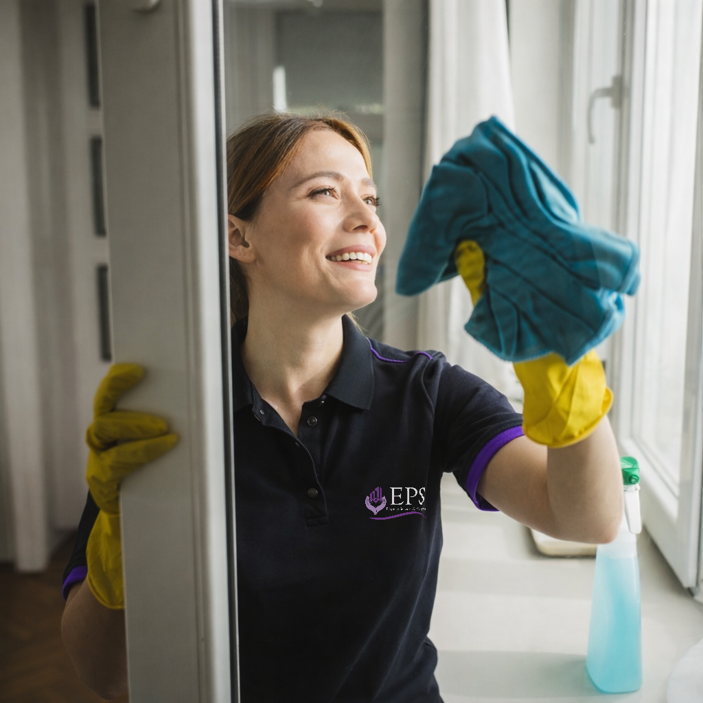 Elleisha's Property Services & Support (EPSS) cleaning, cleaning down the internal glass door as part of a spring clean in Wollongong