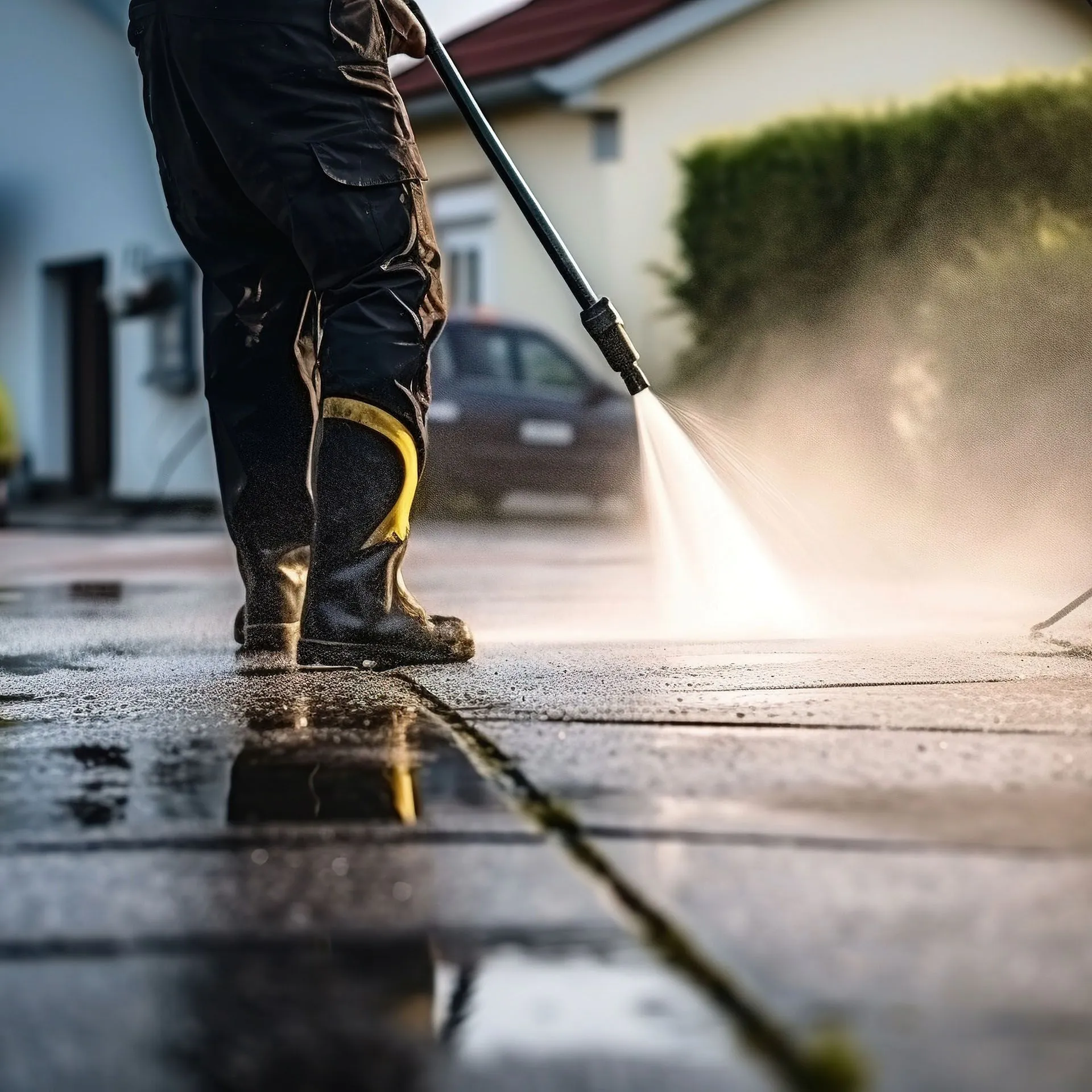 Elleisha's Property Services & Support (EPSS) staff member with a pressure washer cleaning down a driveway