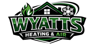 Wyatts Heating & Air logo with green roof, house, leaf, and snowflake icon