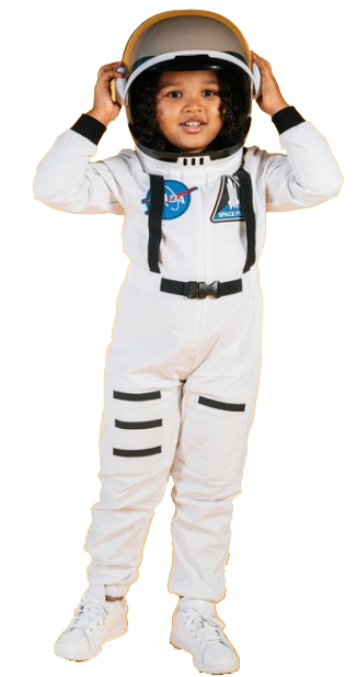 Young child in white astronaut suit, holding helmet, smiling.