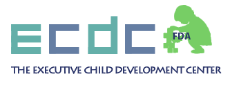 Logo for The Executive Child Development Center FDA: green child playing with puzzle pieces, FDA text on puzzle.