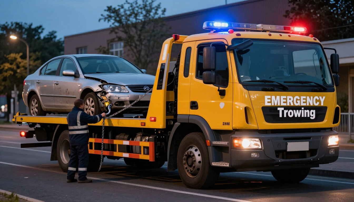 Yellow tow truck with flashing lights hauling a silver car at dusk on a road
