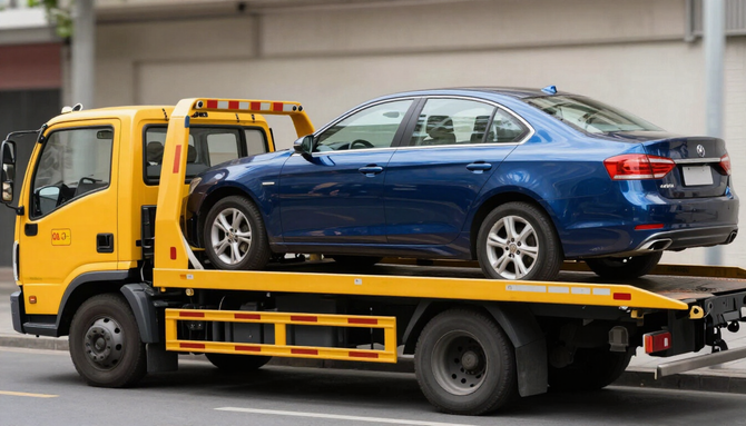 Yellow tow truck carrying a blue sedan on a flatbed in a city street.