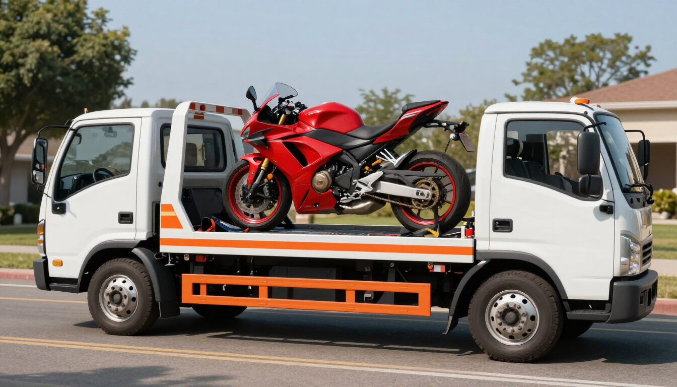Red sports motorcycle strapped on a white flatbed tow truck driving on a road.