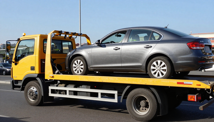 Yellow tow truck hauling a gray sedan on a flatbed trailer