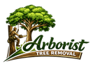Arborist logo: A person with a chainsaw trims a tree, green leaves, brown trunk, and "Arborist Tree Removal" text.
