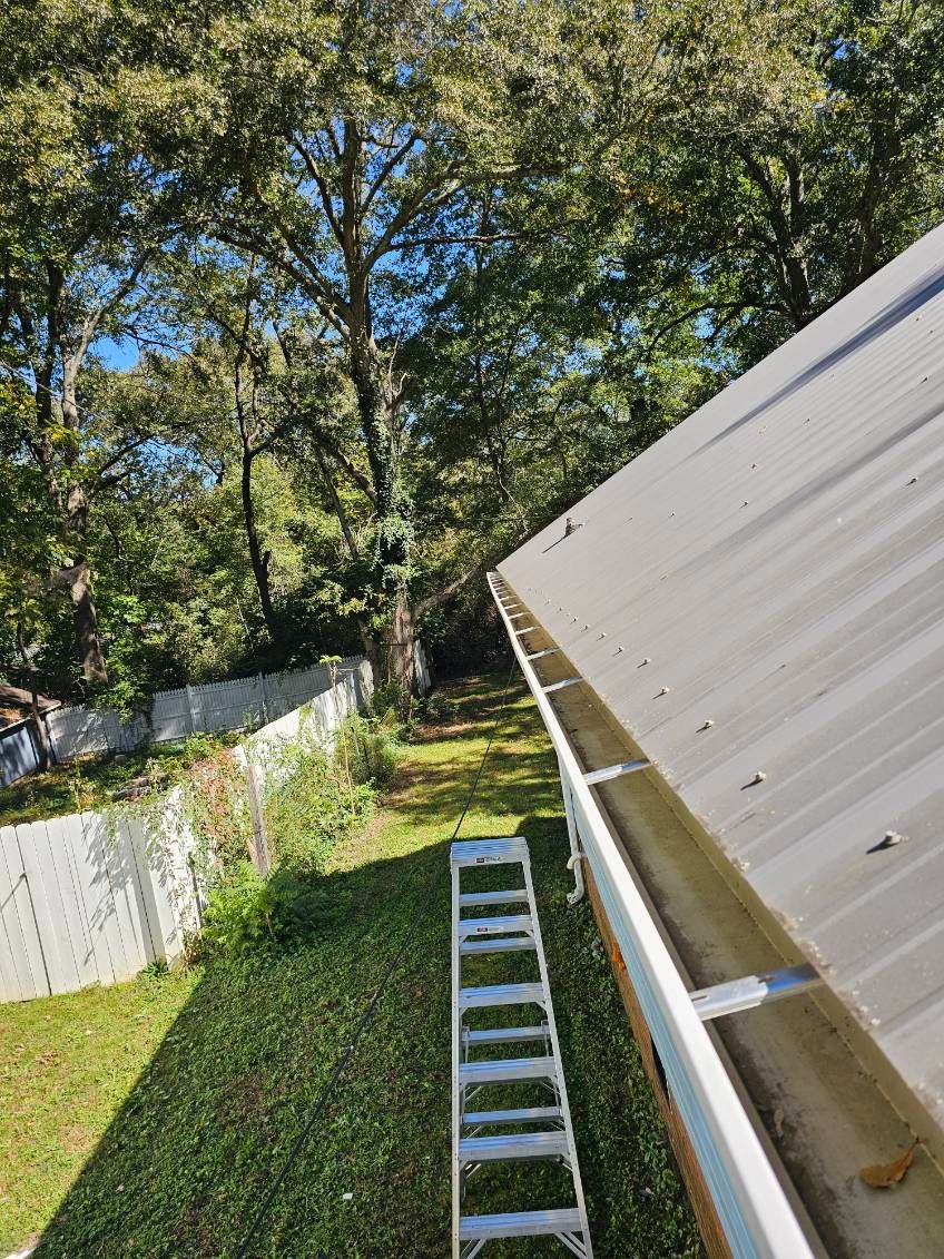 Ladder next to a roof gutter, trees in the background, sunny day.