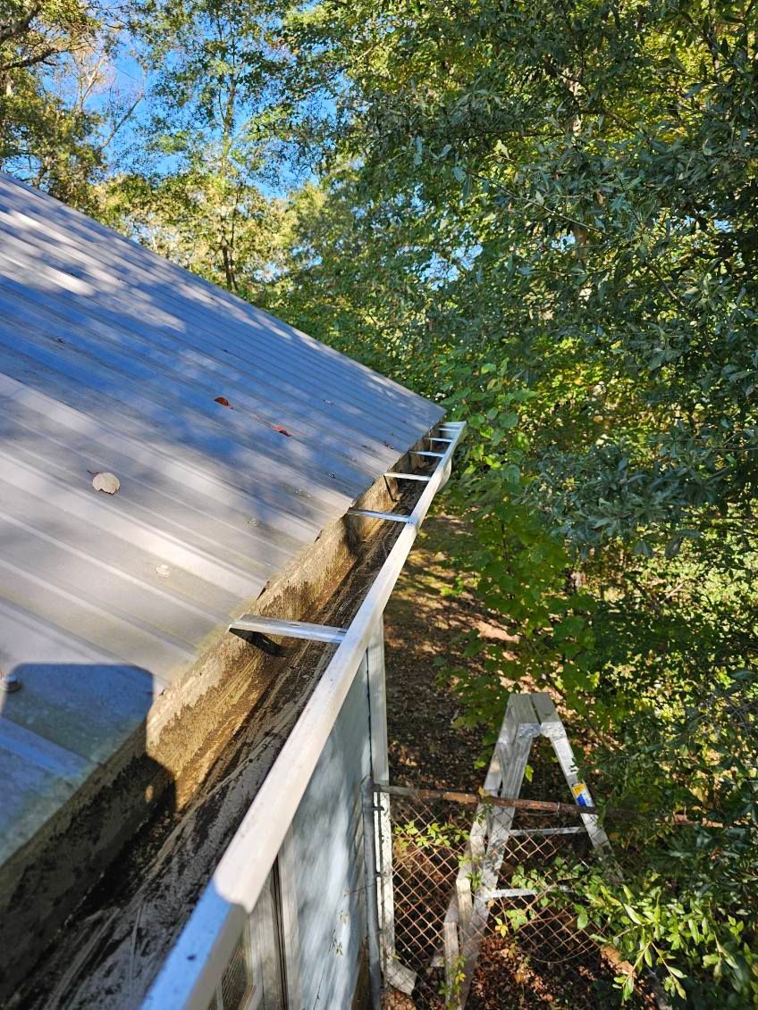 Ladder near a roof with a metal gutter filled with debris; trees and blue sky background.