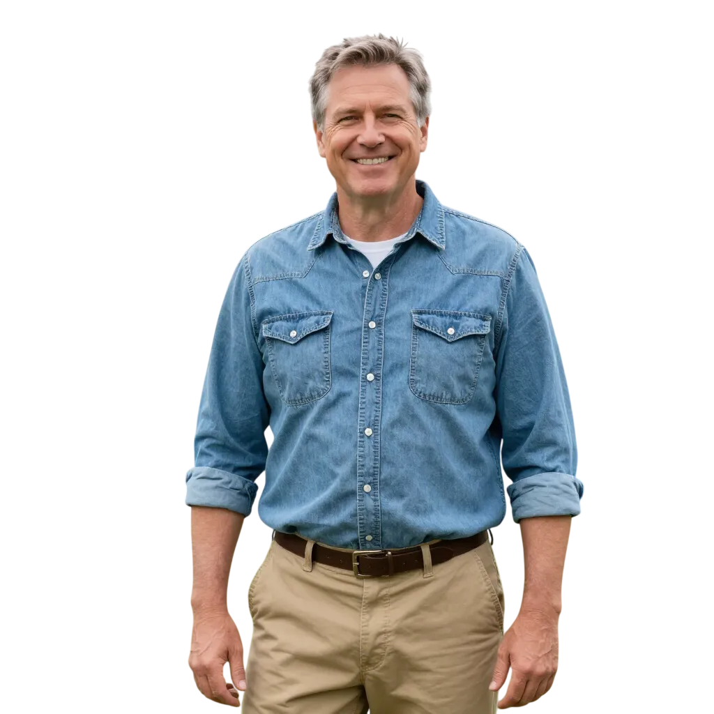Man in denim shirt and khaki pants smiles.