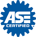 Blue gear-shaped logo with white