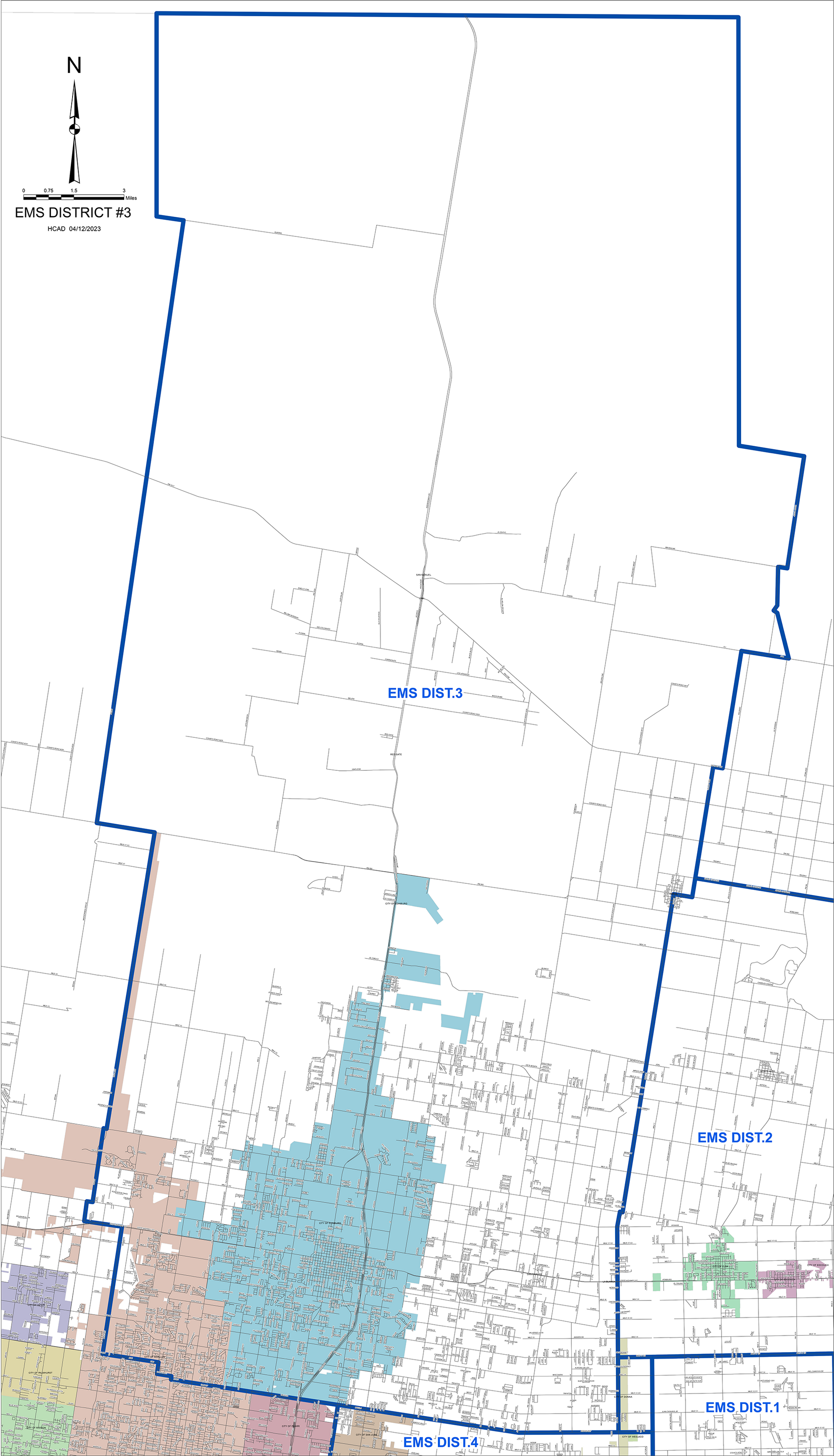 Map of a city area with a large outlined region and scattered blue water features near the bottom.
