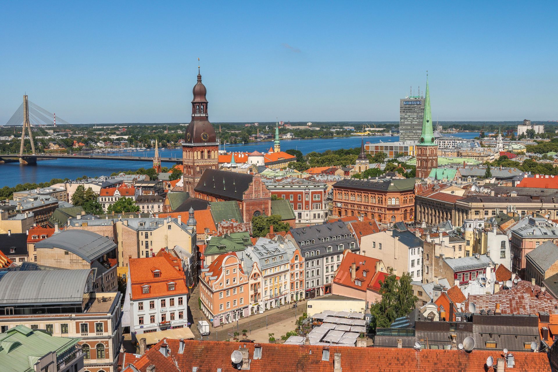 Riga Old Town skyline with church spires and green parks