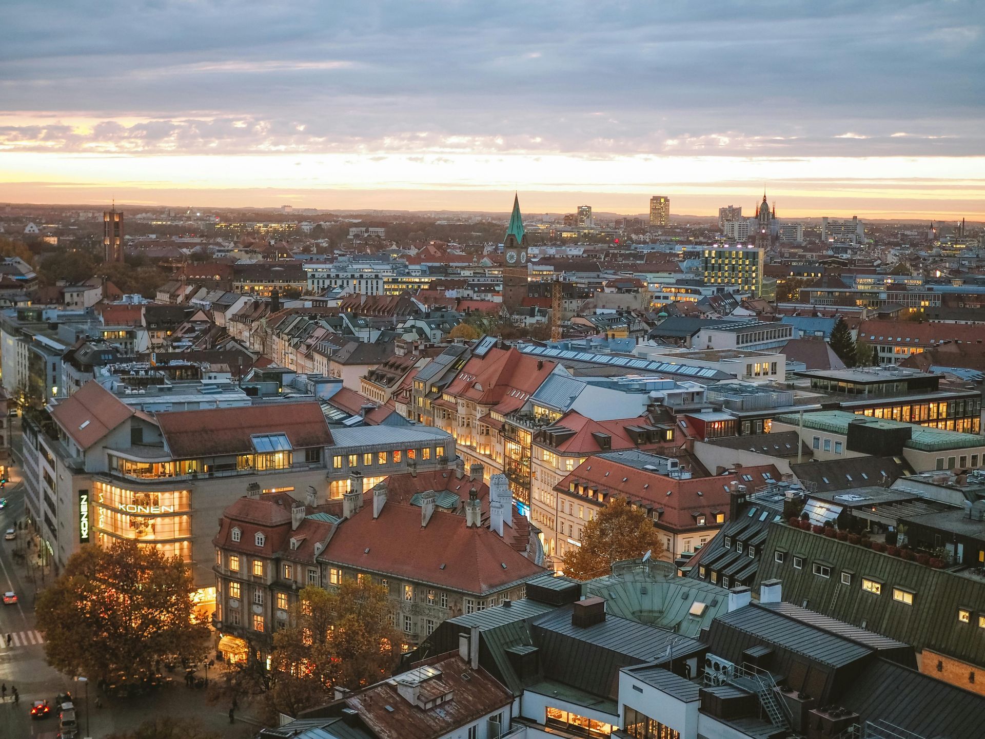 Panoramic view of Munich Marienplatz and the Alps in distance