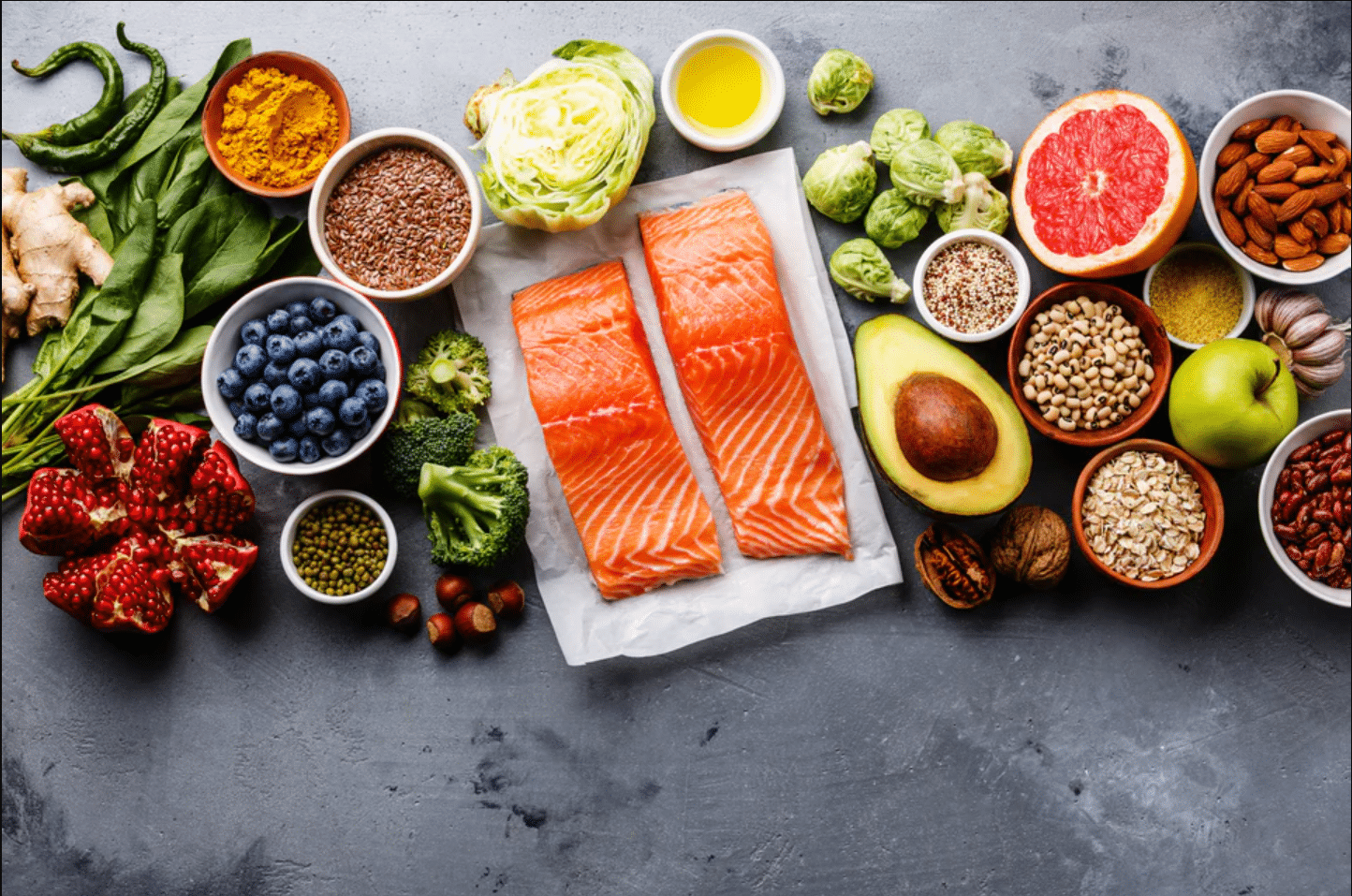 There are many different types of food on the table.