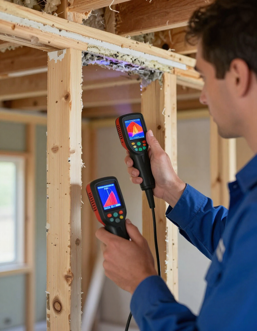 Certified inspector using thermal imaging camera for mold inspection