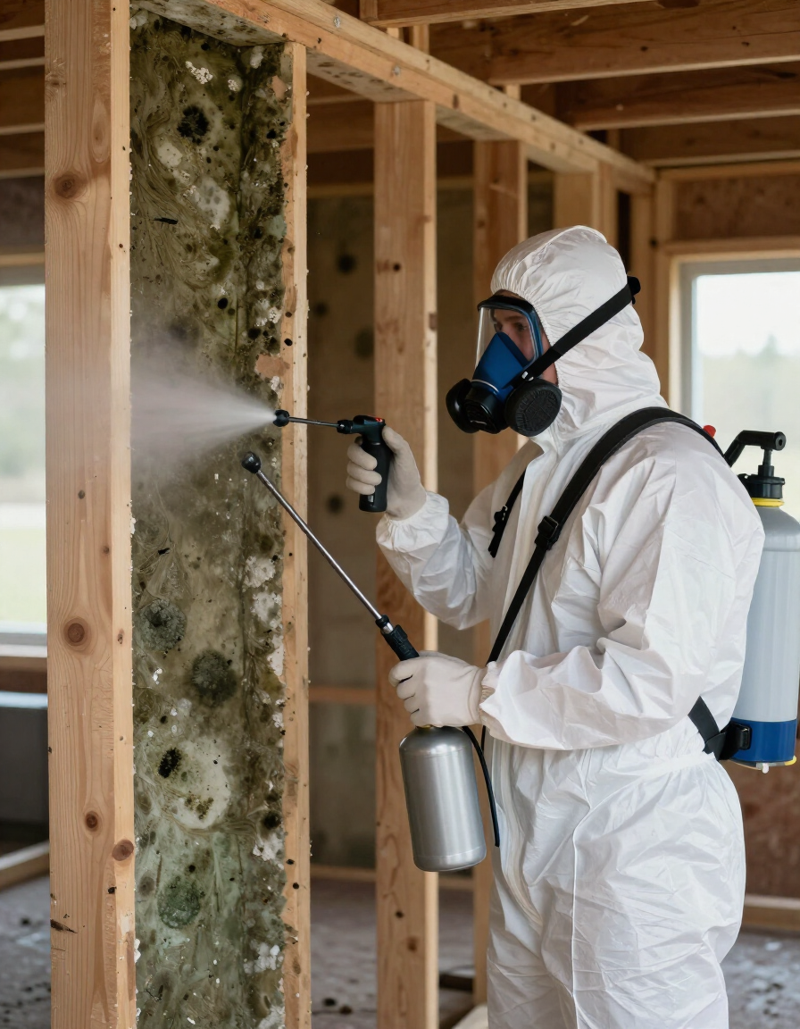 Remediation technician in full protective gear treating mold-covered wall framing