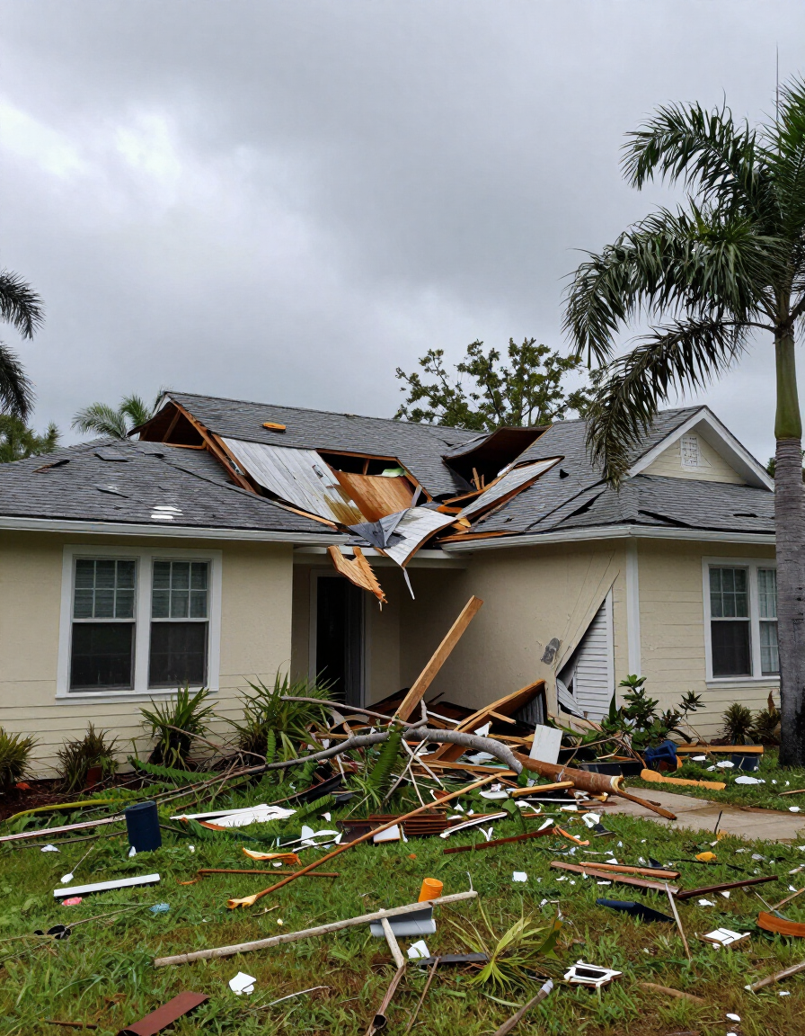 Storm damage aftermath with roof damage and water intrusion in a Florida home