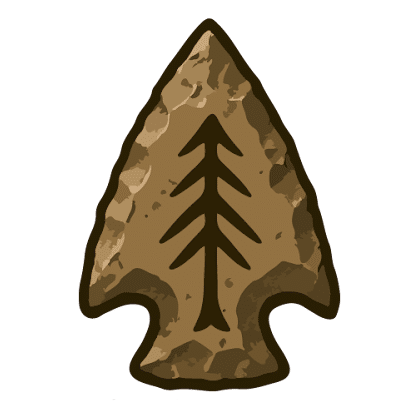 A brown, stone-textured arrowhead icon featuring a dark, stylized evergreen tree silhouette in the center.