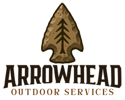 Logo for Arrowhead Outdoor Services featuring a tan stone arrowhead with a black pine tree icon and brown text below.