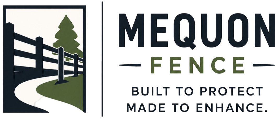 Mequon Fence Logo with Fence Path Graphic, Tree Icon, Tagline, and Company Name in Mequon, WI