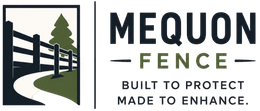 Mequon Fence Logo with Fence Path Graphic, Tree Icon, Tagline, and Company Name in Mequon, WI