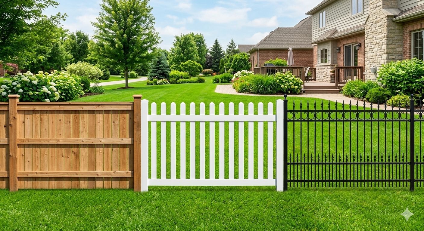 Three different fence styles wood privacy, white vinyl picket, and black metal ornamental standing s