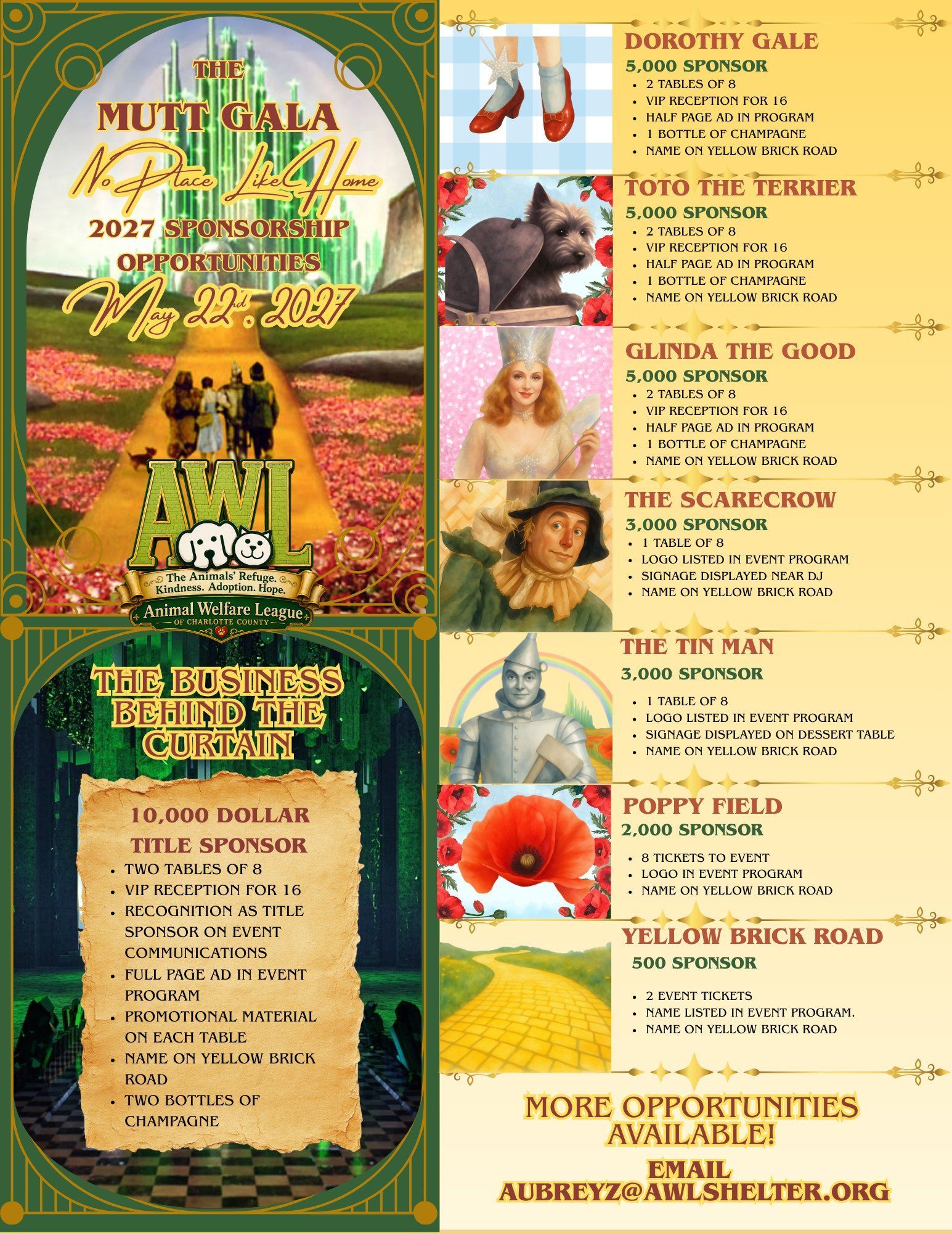 The Mutt Gala 2027 sponsorship opportunities flyer for the Animal Welfare League of Charlotte County