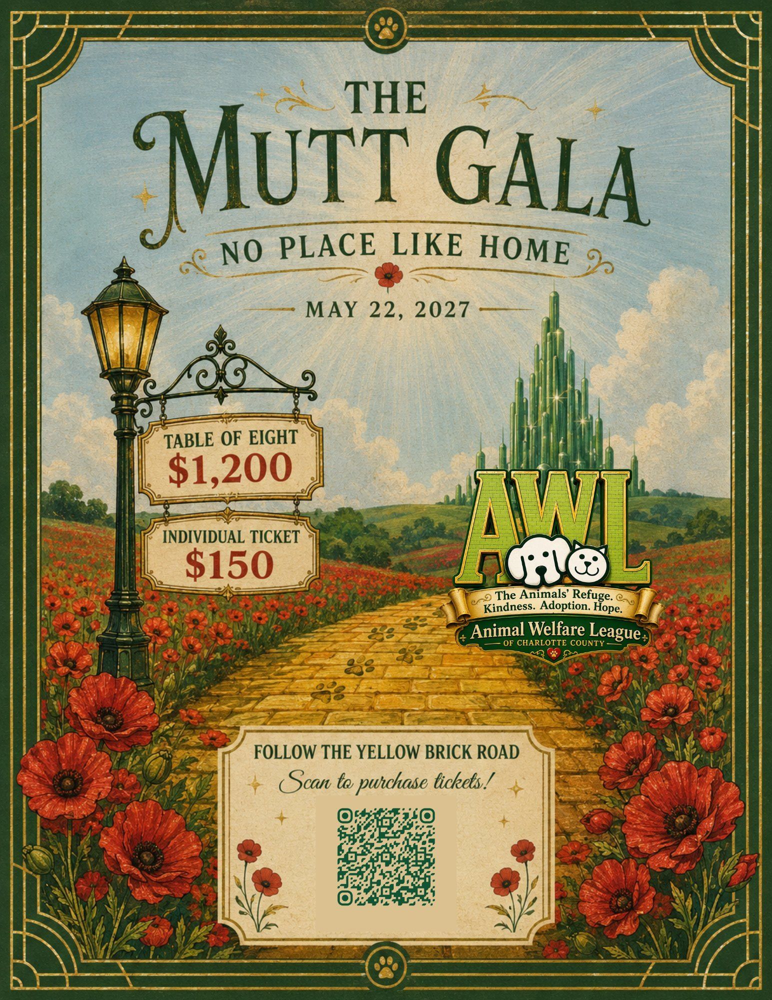 The Mutt Gala: No Place Like Home flyer, May 22, 2027. Table of eight $1,200, individual ticket $150