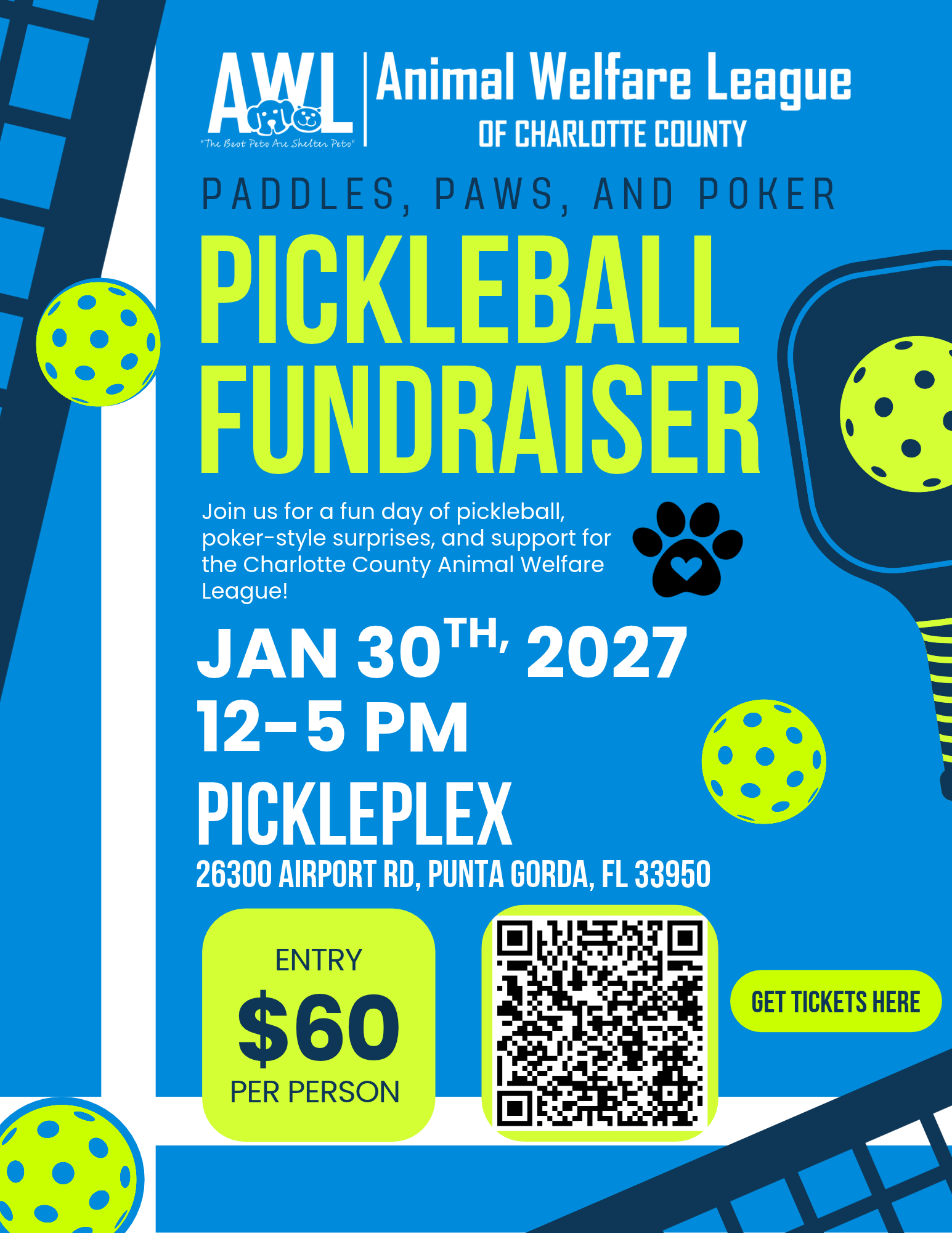 Paddles, Paws, and Poker Pickleball Fundraiser flyer for the Animal Welfare League of Charlotte County, January 30, 2027 at Pickleplex