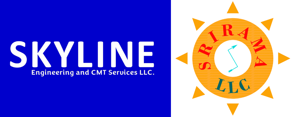 Skyline Engineering and Civil Services LLC logo beside Sirama LLC sunburst logo on blue and white background