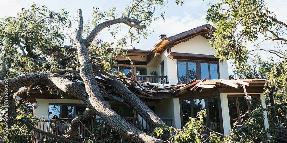 House with fallen tree damage across roof and porch, surrounded by debris and sunlight