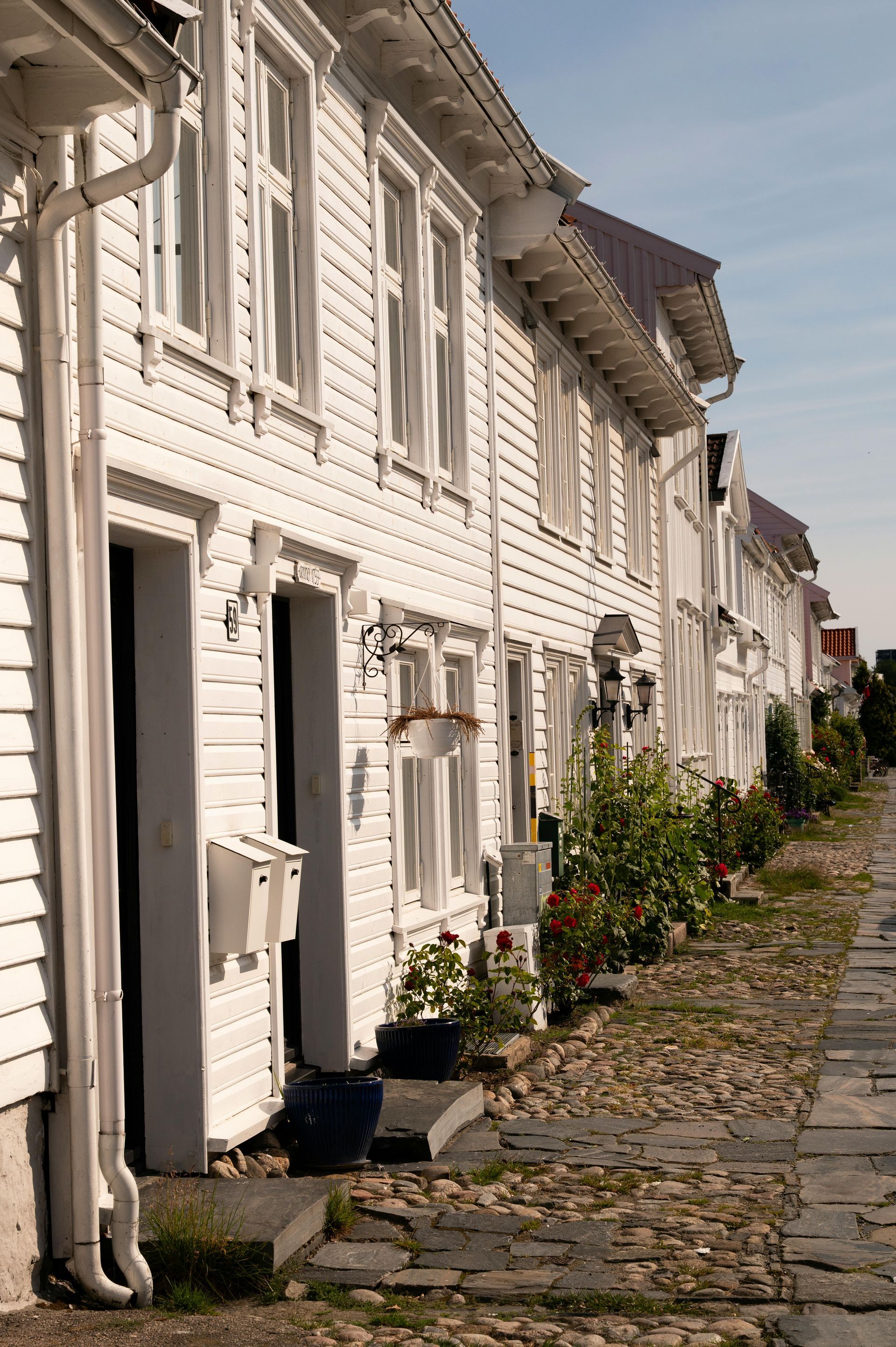 Row of white wooden houses along a cobblestone street with potted plants and sunlight