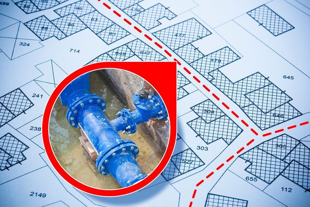 Blueprint with red dashed route and inset photo of blue underground pipe leak repair